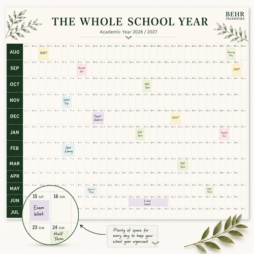 THE WHOLE SCHOOL YEAR 2026/2027 product spec sheet showing B1 size 707x1000mm, features and calendar grid detail