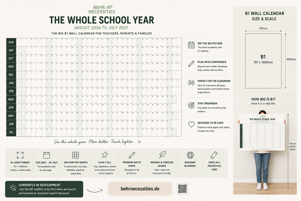THE WHOLE SCHOOL YEAR 2026/2027 academic wall calendar filled in with example school events, term dates and half terms