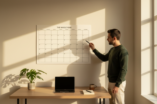 THE WHOLE BUSINESS YEAR by Behr Necessities large format annual wall calendar for entrepreneurs and founders showing twelve month rows in a minimal home office setting